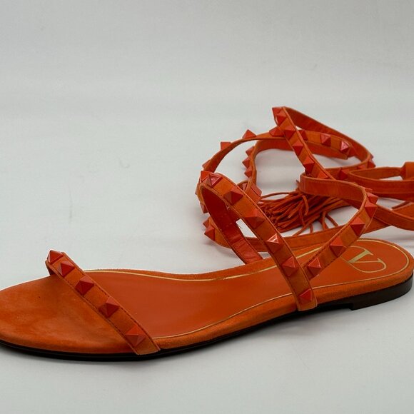 Valentino Rockstud Studded Suede Ankle Tie Flat Gladiator Sandals Shoes - Picture 3 of 12